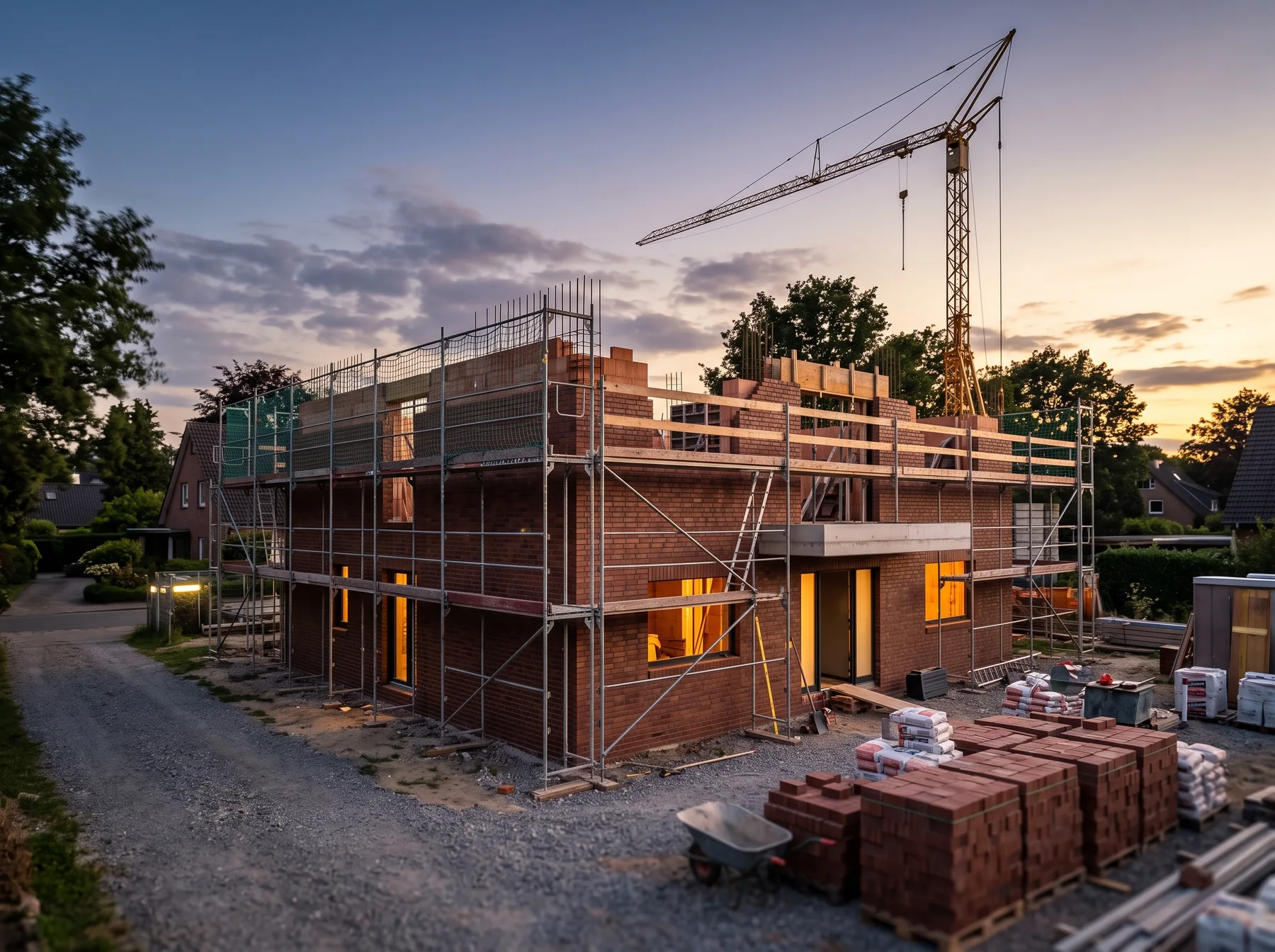 Rohbau eines Einfamilienhauses mit Kran im Abendlicht – Bauträgerprojekt von Immobilien Brömmel