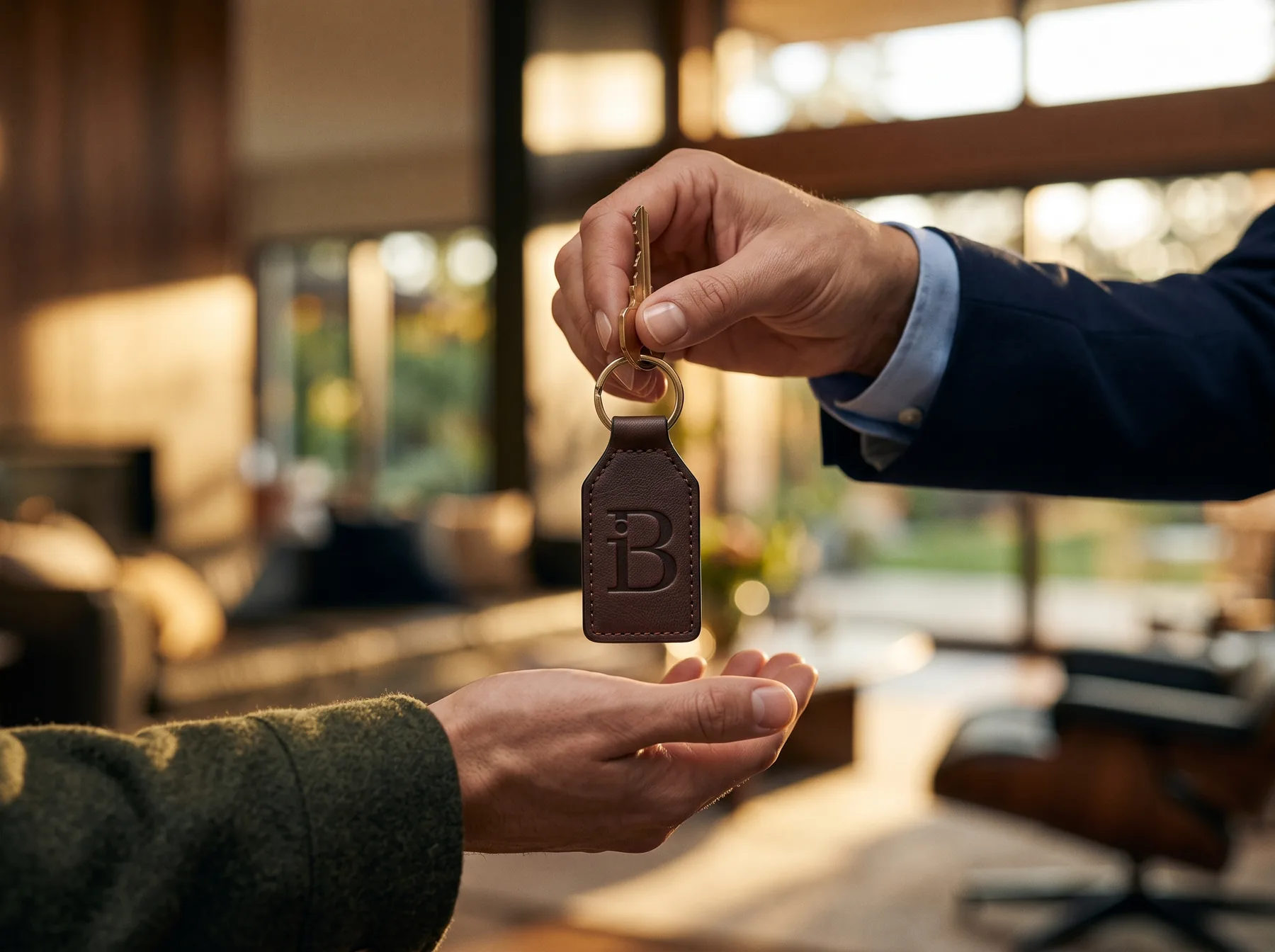Schlüsselübergabe mit iB-Lederanhänger von Immobilien Brömmel